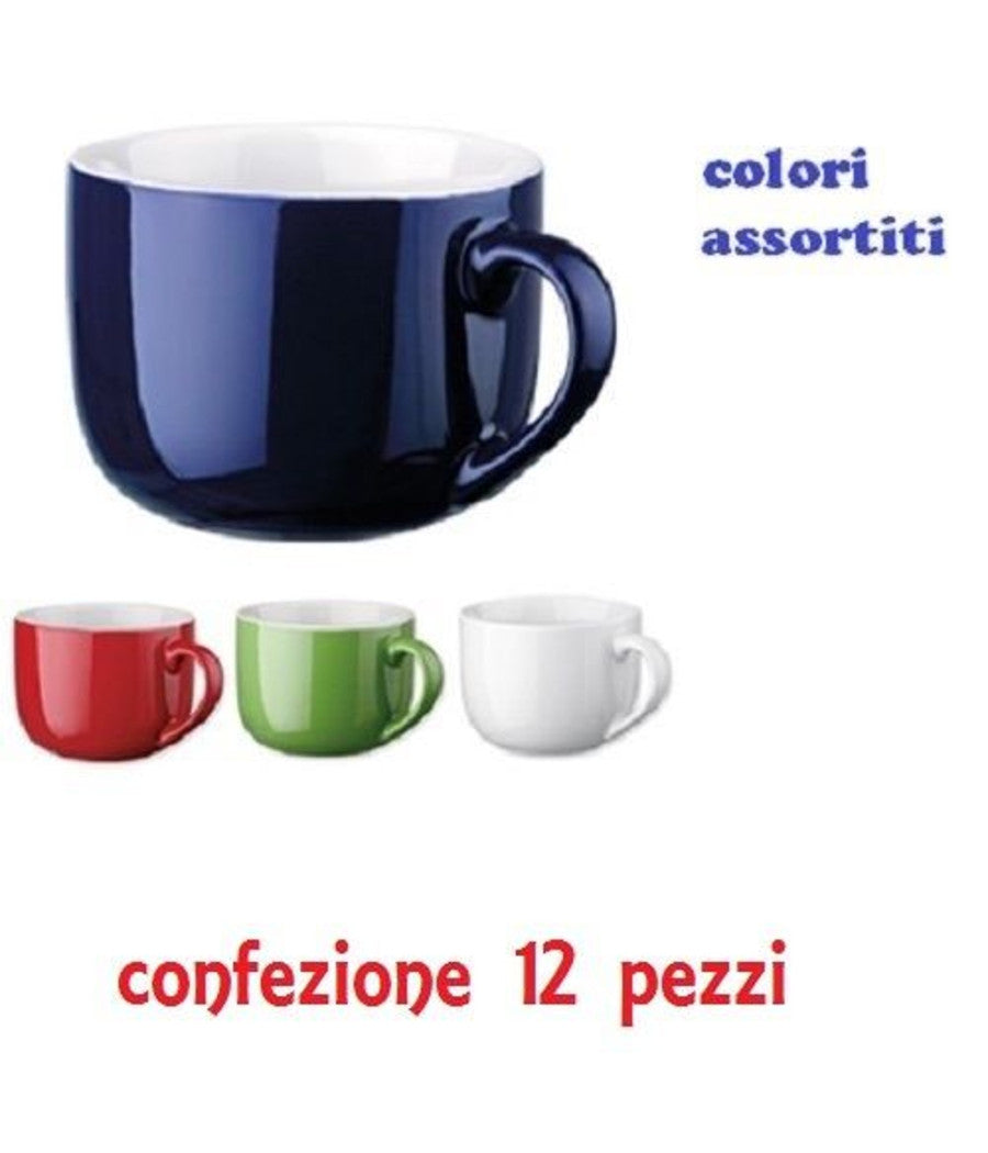 Set 12 Pezzi Tazza Tazzone Porcellana Colorate Latte Colazione 450ml         