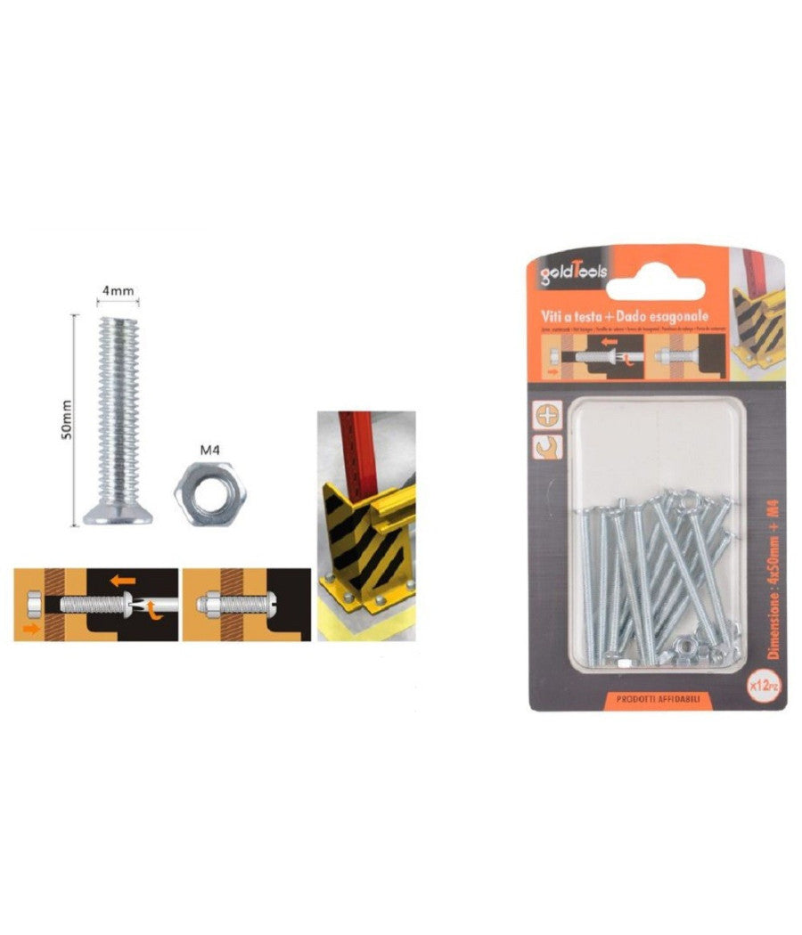 Set 12 Pezzi Viti Vite A Testa A Croce Piatta 4x50mm Con Dado Esagonale M4 90938         