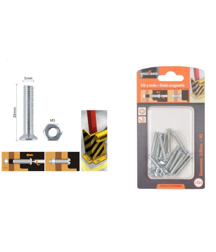 Set 12 Pezzi Viti Vite Testa A Croce Piatta 5x30 Mm Con Dado Esagonale M5 90940         