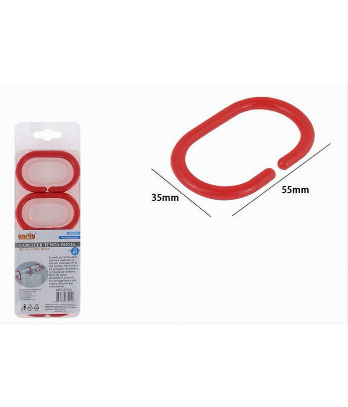 Set 12 Pz Anelli Gancio Per Tenda Da Doccia Box Bagno In Plastica Pp Rosso 87241         