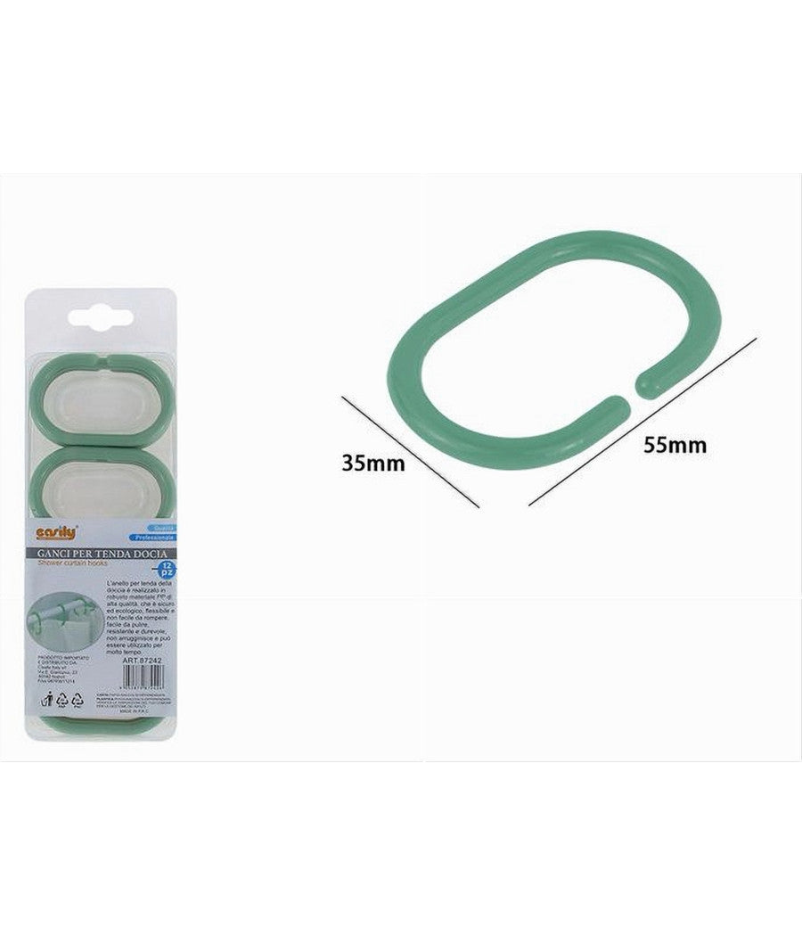 Set 12 Pz Anelli Gancio Per Tenda Da Doccia Box Bagno In Plastica Pp Verde 87242         