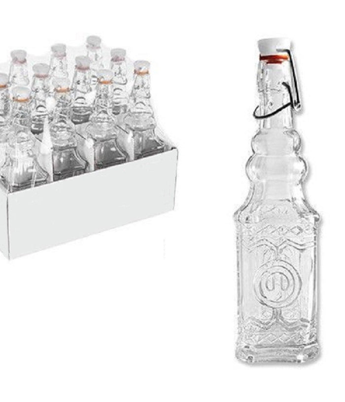 Set 12 Pz Bottiglie In Vetro Quadrata Decorata Con Tappo Meccanico 150 Ml 108008         