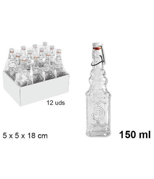 Set 12 Pz Bottiglie In Vetro Quadrata Decorata Con Tappo Meccanico 150 Ml 108008         