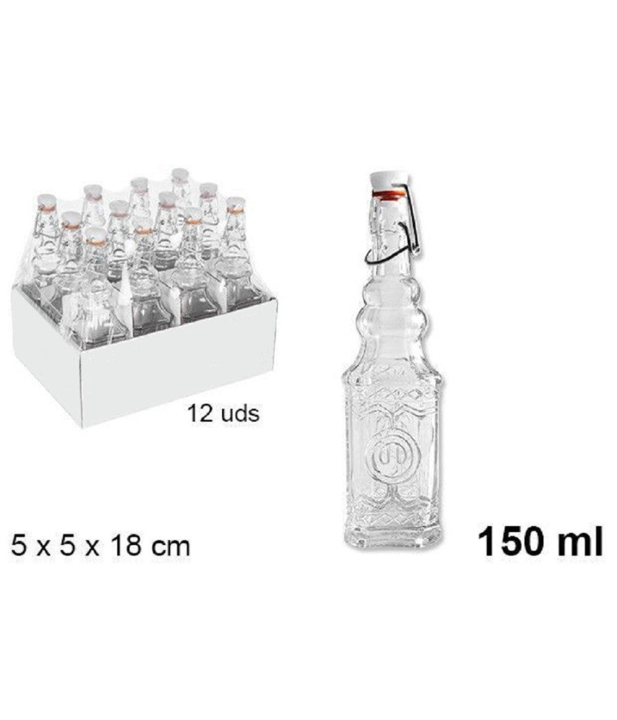 Set 12 Pz Bottiglie In Vetro Quadrata Decorata Con Tappo Meccanico 150 Ml 108008         