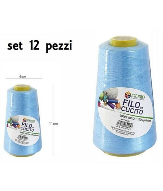 Set 12 Pz Filati A Cono Filo Poliestere Cucito 3000y 40s/2 Azzurro Cotone         