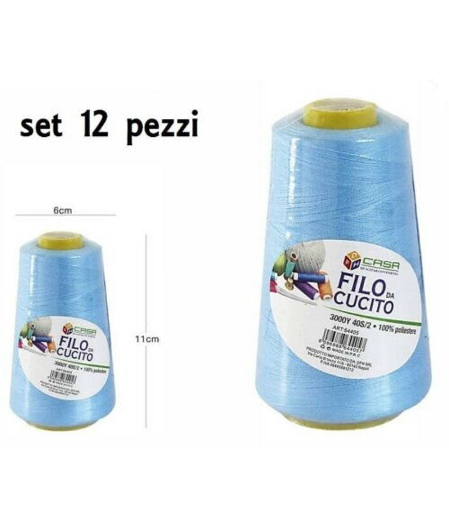Set 12 Pz Filati A Cono Filo Poliestere Cucito 3000y 40s/2 Azzurro Cotone         