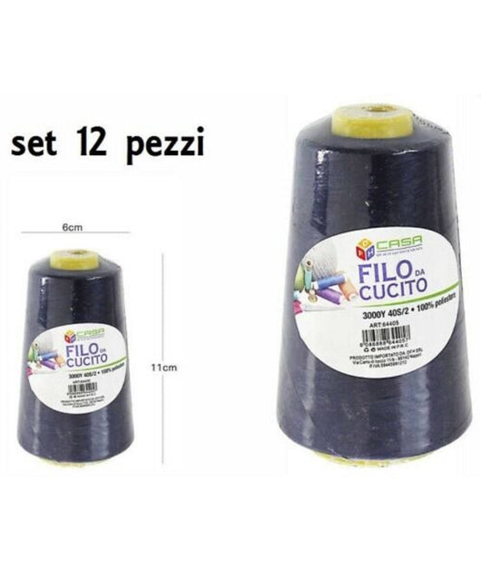 Set 12 Pz Filati A Cono Filo Poliestere Cucito 3000y 40s/2 Blu Gomitolo Cotone         