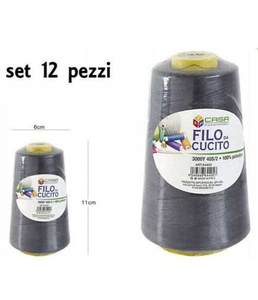 Set 12 Pz Filati A Cono Filo Poliestere Cucito 3000y 40s/2 Grigio Cotone -19         