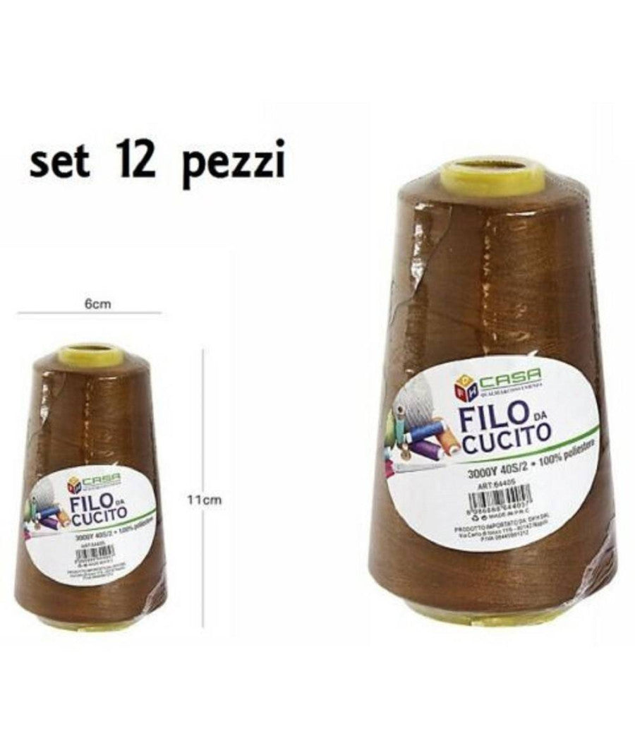 Set 12 Pz Filati A Cono Filo Poliestere Cucito 3000y 40s/2 Marrone 64405 Cotone         