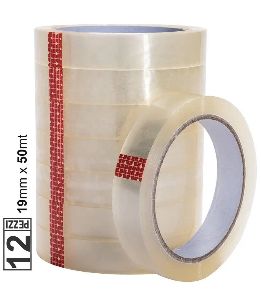 Set 12 Pz Rotolo Nastro Adesivo Trasparente 19mm X 50mt Per Ufficio Silenzioso         