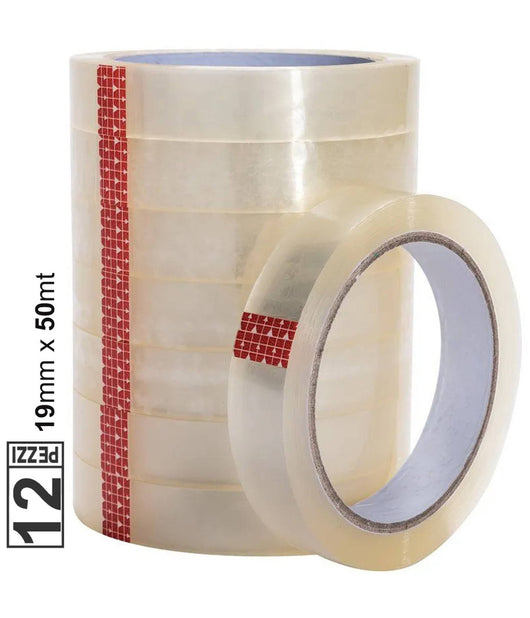 Set 12 Pz Rotolo Nastro Adesivo Trasparente 19mm X 50mt Per Ufficio Silenzioso         