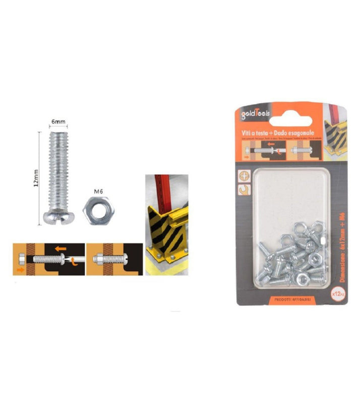 Set 12 Pz Viti Vite Testa A Croce Tonda 6x12 Mm Con Dadi Dado Esagonale M6 90974         