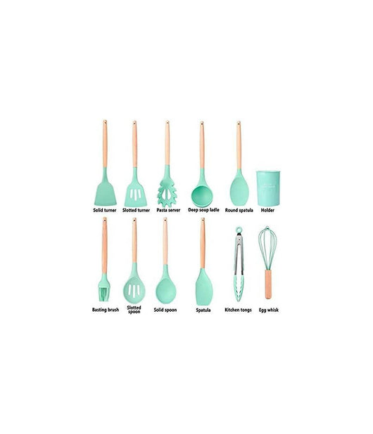 Set 12 Utensili Da Cucina In Silicone Con Manico Legno Antiaderenti Resistenti         