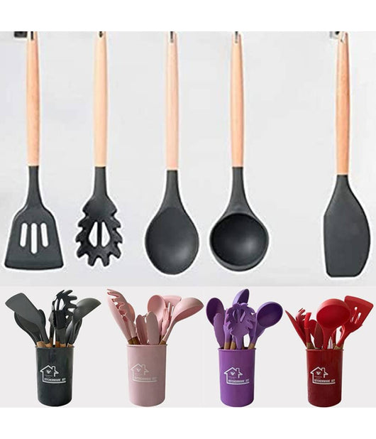 Set 12 Utensili Da Cucina In Silicone Con Manico Legno Antiaderenti Resistenti         