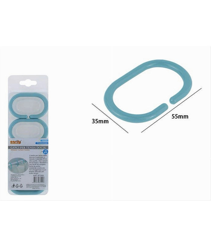 Set 12pz Anelli Ganci Per Tenda Da Doccia Box Bagno In Plastica Pp Azzurro 87245         