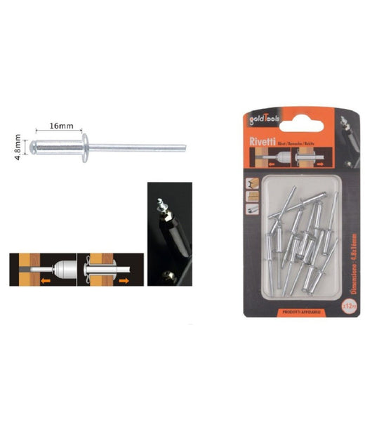 Set 12pz Rivetti Rivetto 4.8x16mm Accessori Bricolage Ferramenta Fai Da Te 90822         
