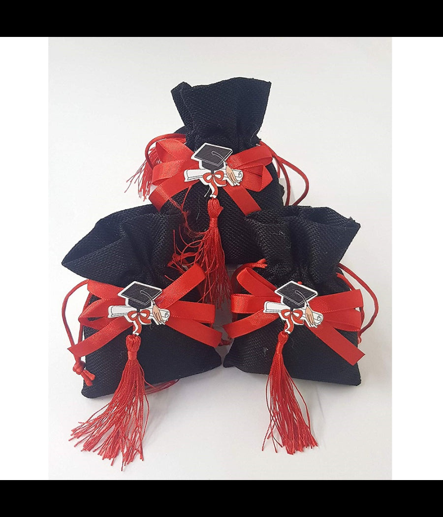 Set 12pz Sacchetto Nero Laurea Juta 10x12cm Bomboniera Bomboniere Porta Confetti         