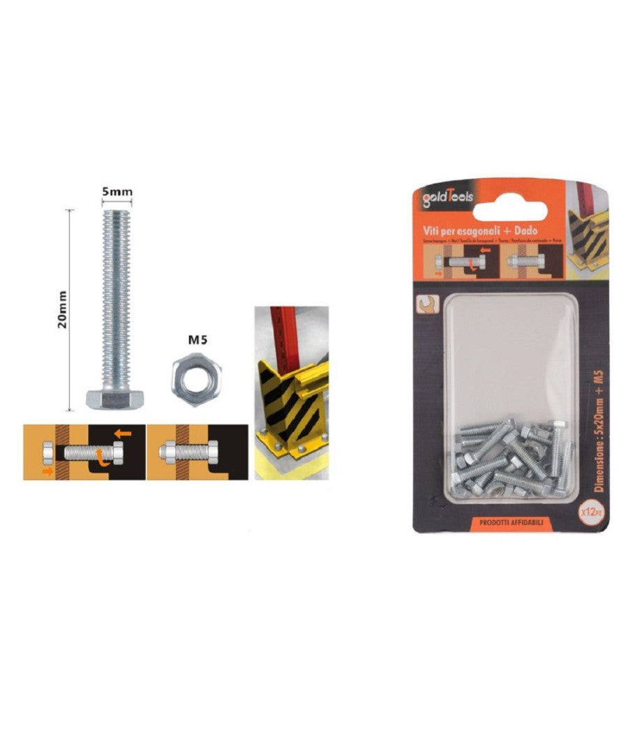 Set 12pz Vite Viti Per Esterno A Testa Esagonali 5 X 20mm Con Dadi Dado M5 90910         