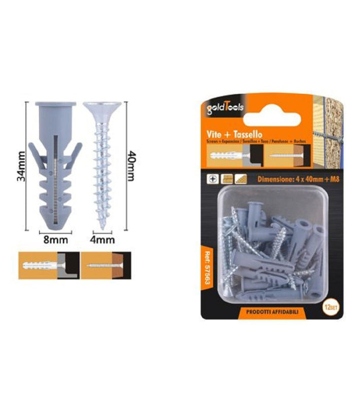 Set 12pz Viti Vite Croce 4x40 Mm + Tasselli Con Alette Tassello M8 Fischer 57563         