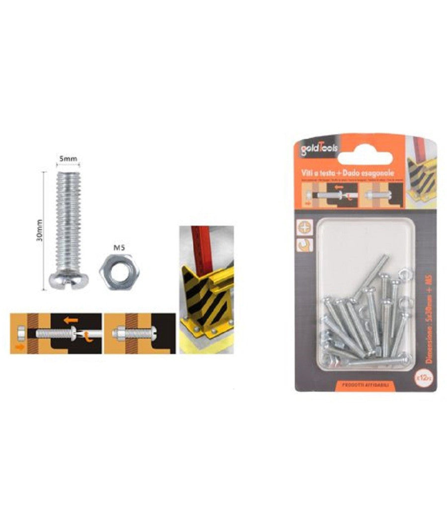 Set 12pz Viti Vite Testa A Croce Tonda 5 X 30mm Con Dadi Dado Esagonale M5 90970         