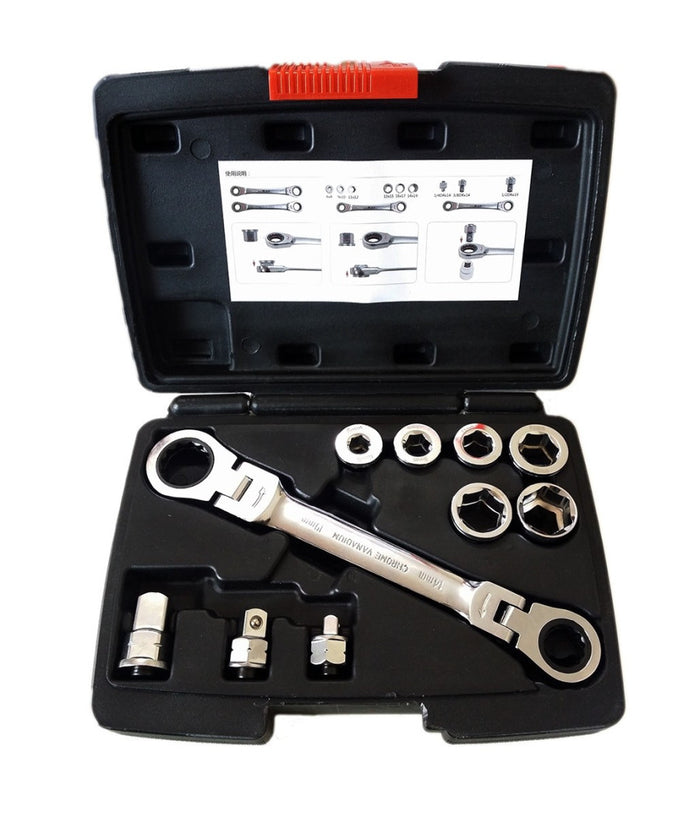 Set 15 In 1 Chiave Cricchetto 14x19mm Non Reversibile Adattatori Innesti         