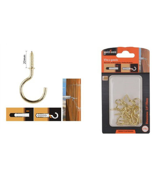 Set 16 Pezzi Vite A Gancio 3/4" 20 Mm Viti Autofilettanti Dorate Per Legno 90808         