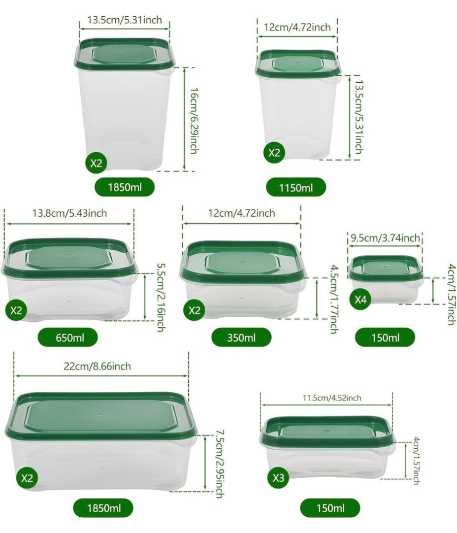 Set 17pz Contenitori Per Alimenti Con Coperchio Impilabili Trasparenti Microonde         