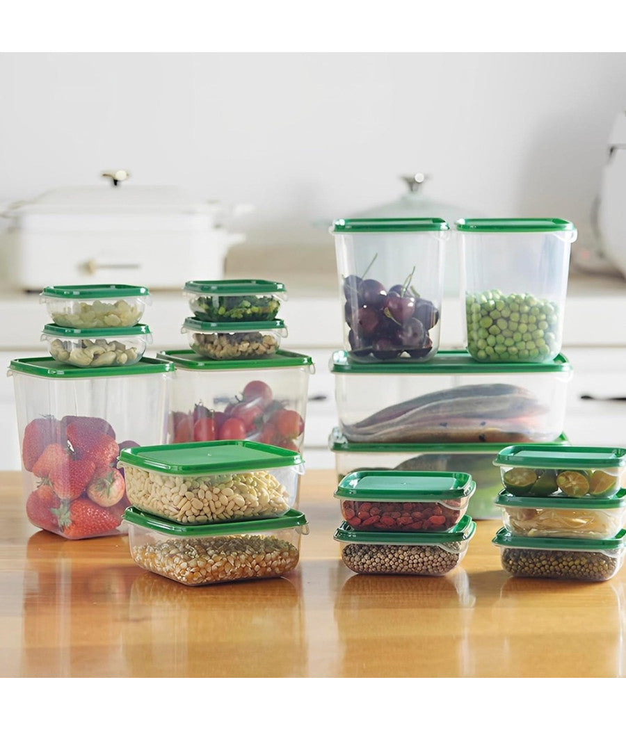 Set 17pz Contenitori Per Alimenti Con Coperchio Impilabili Trasparenti Microonde         