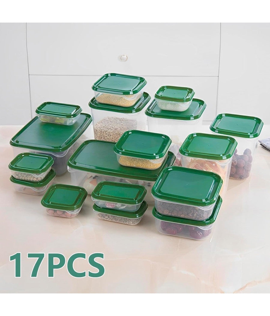Set 17pz Contenitori Per Alimenti Con Coperchio Impilabili Trasparenti Microonde         