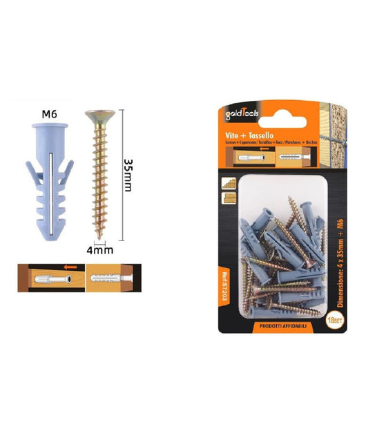 Set 18 Pezzi Viti Vite 4 X 35 Mm + Tasselli Con Alette Tassello M6 Fischer 57203         