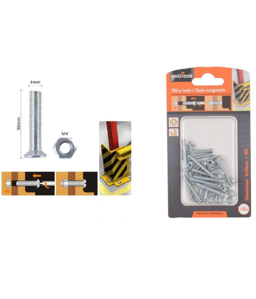 Set 18 Pezzi Viti Vite A Testa A Croce Piatta 4x30mm Con Dado Esagonale M4 90936         