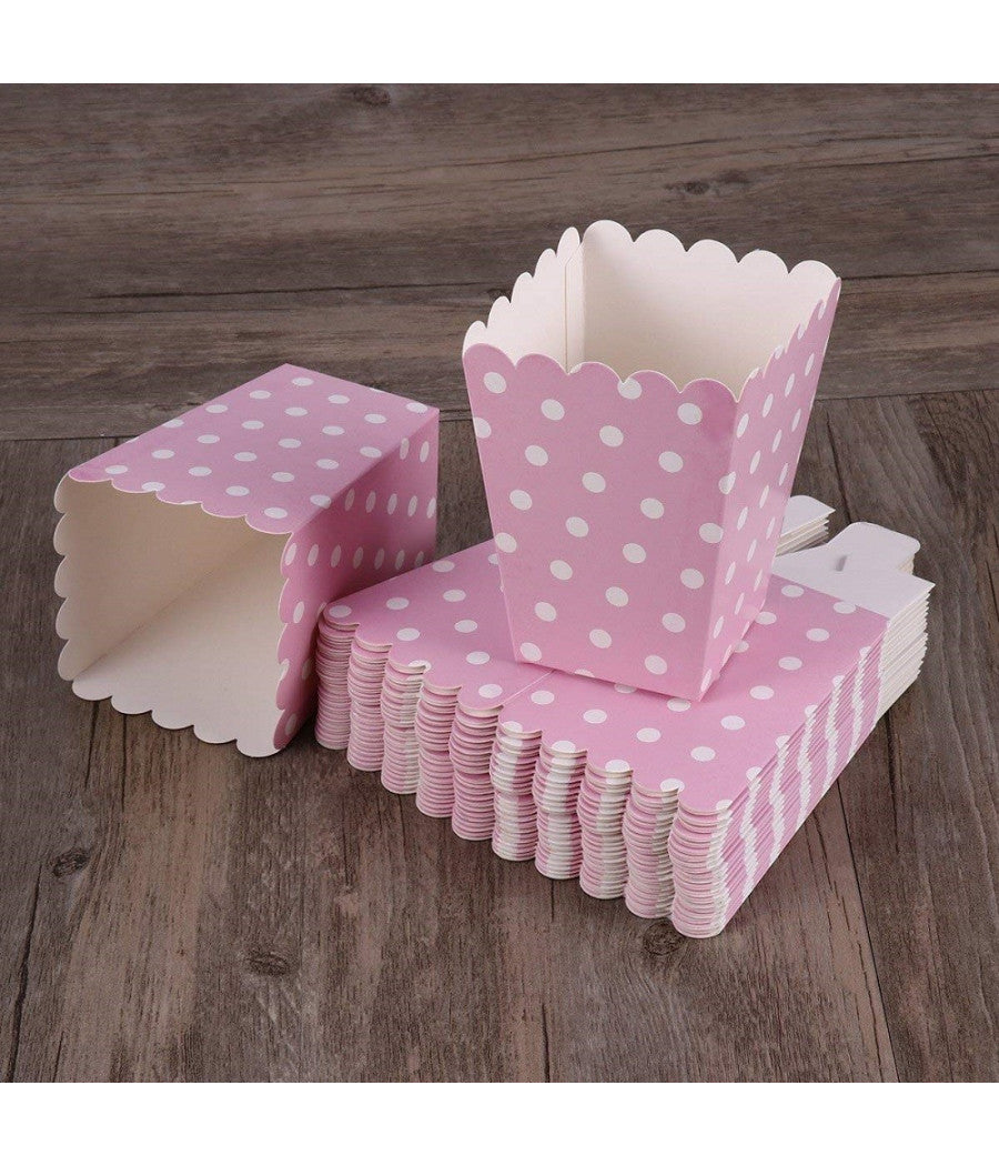 Set 18pz Contenitore Scatola Pop Corn In Carta Rosa Pois Festa Confettata Caramelle         