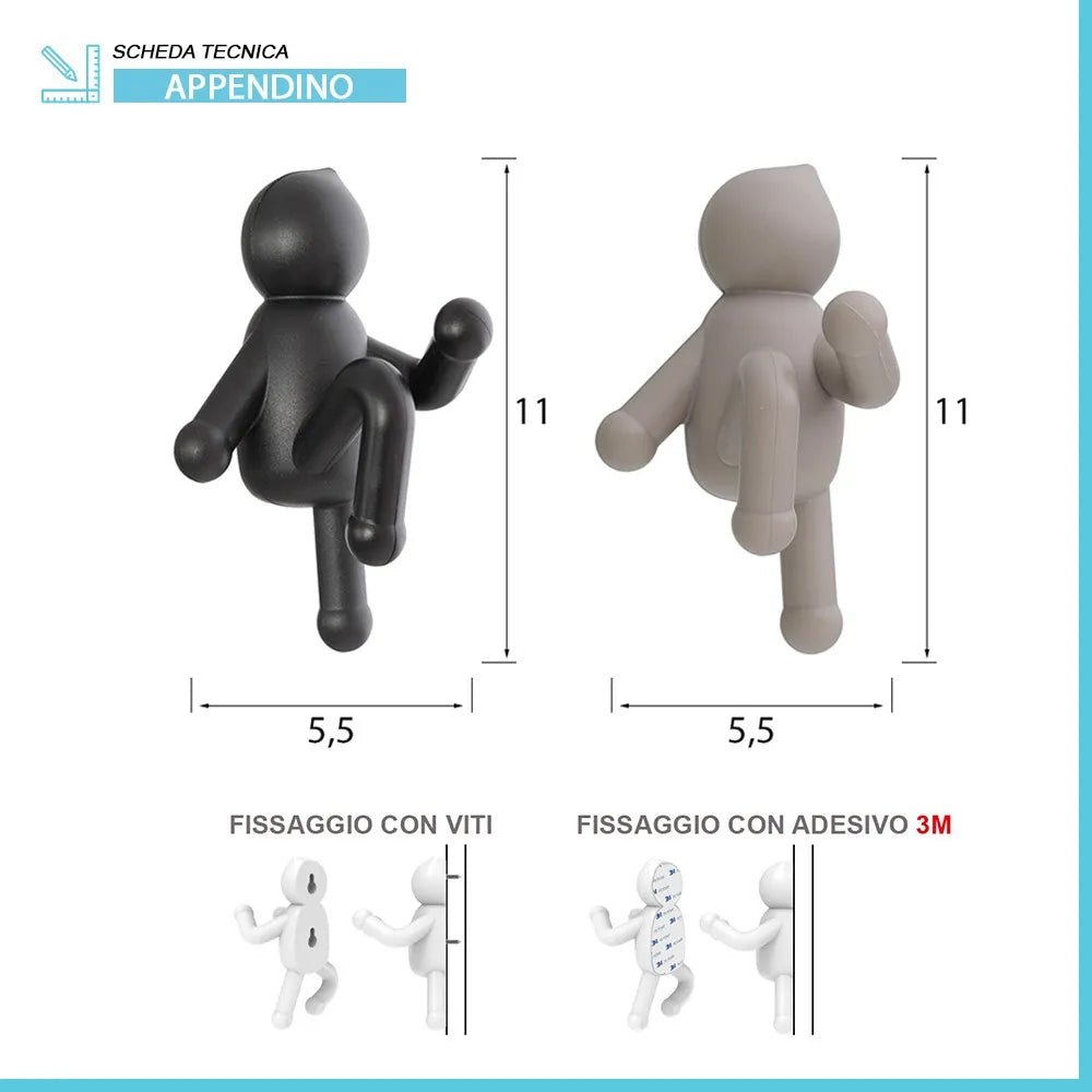 Set 2 appendini da muro nero e tortora con due modalità di fissaggio | Bruce