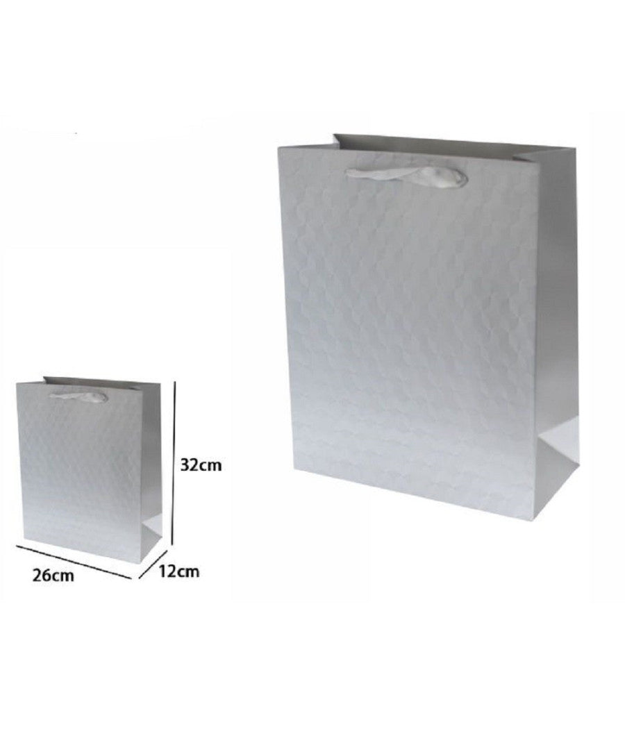 Set 2 Borse Buste Regalo Shopper Grigia Goffrata Manico Tessuto 32x26x12cm 69933         