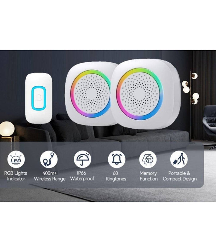 Set 2 Campanelli Senza Fili Wireless 2 Ricevitori Luce Rgb 60 Melodie Rl-2r3995         