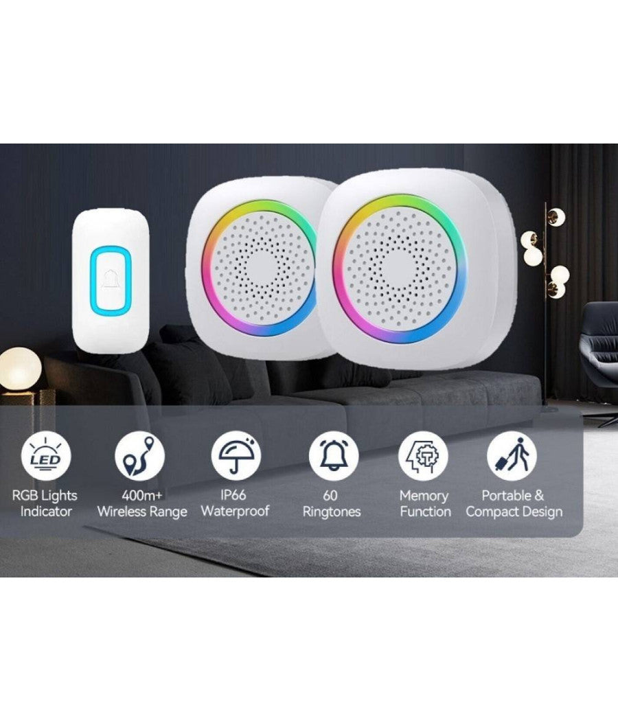 Set 2 Campanelli Senza Fili Wireless 2 Ricevitori Luce Rgb 60 Melodie Rl-2r3995         