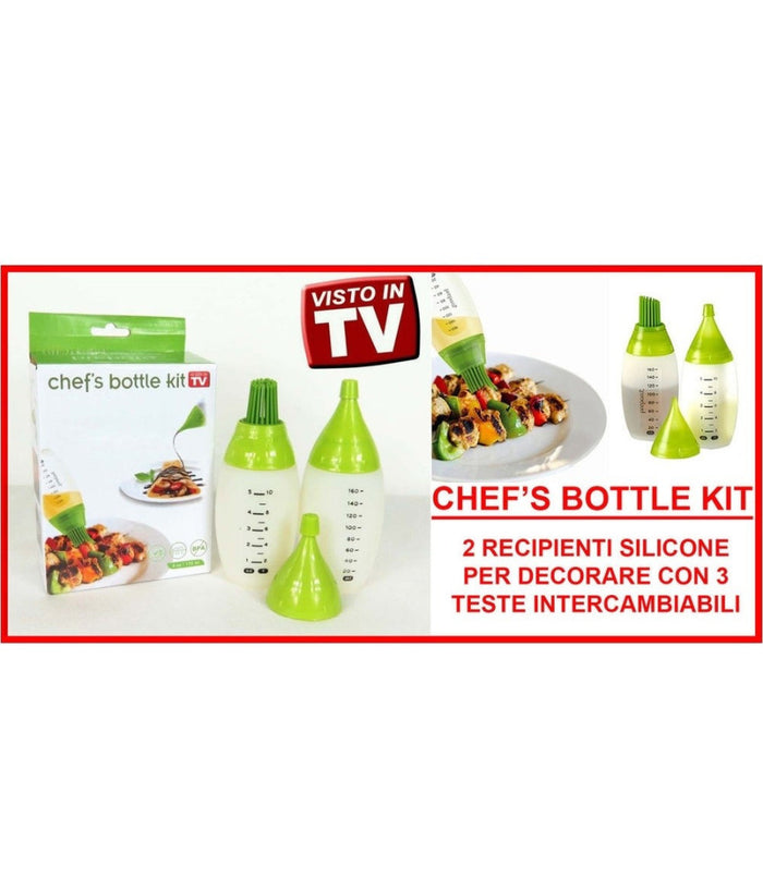 Set 2 Chef's Bottle Contenitori Silicone 3 Decori Pennello Decorare Dolci Torte         