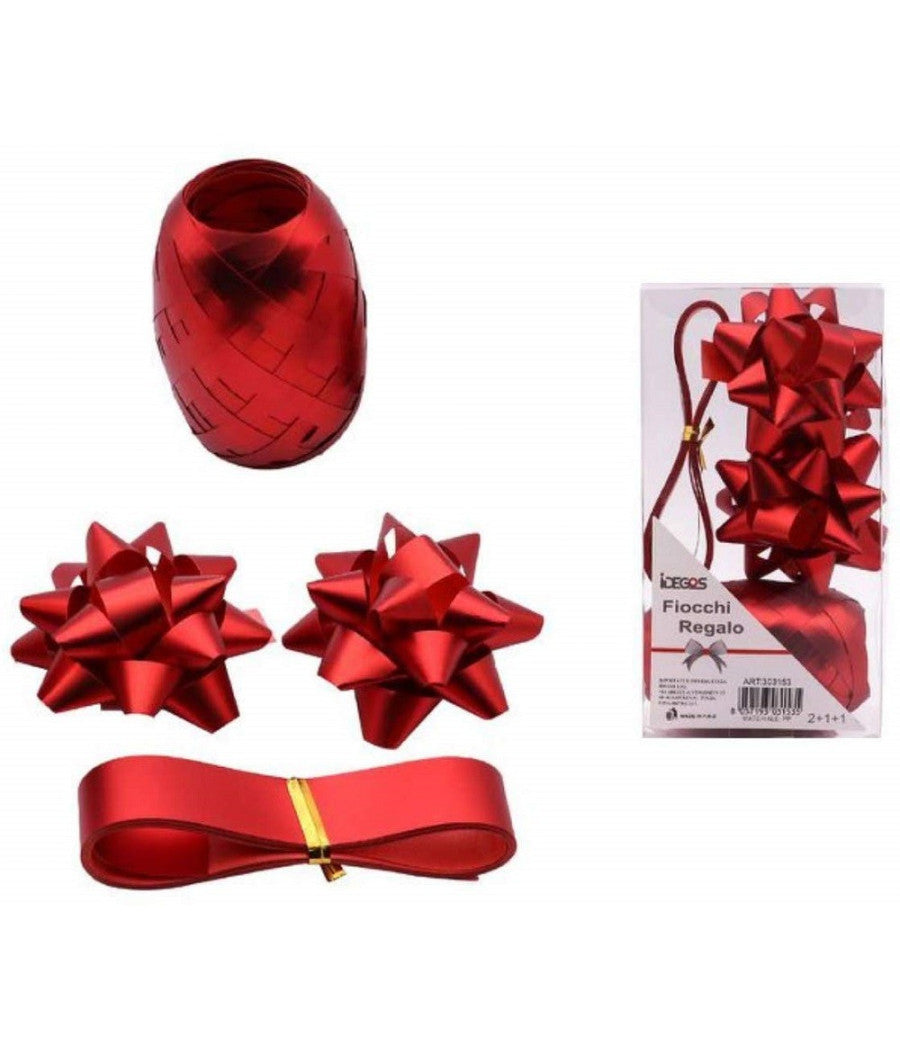 Set 2 Coccarde 1 Rotolo 1 Nastro Coccarda Lucida Confezione Regalo Decorazioni Rosso         