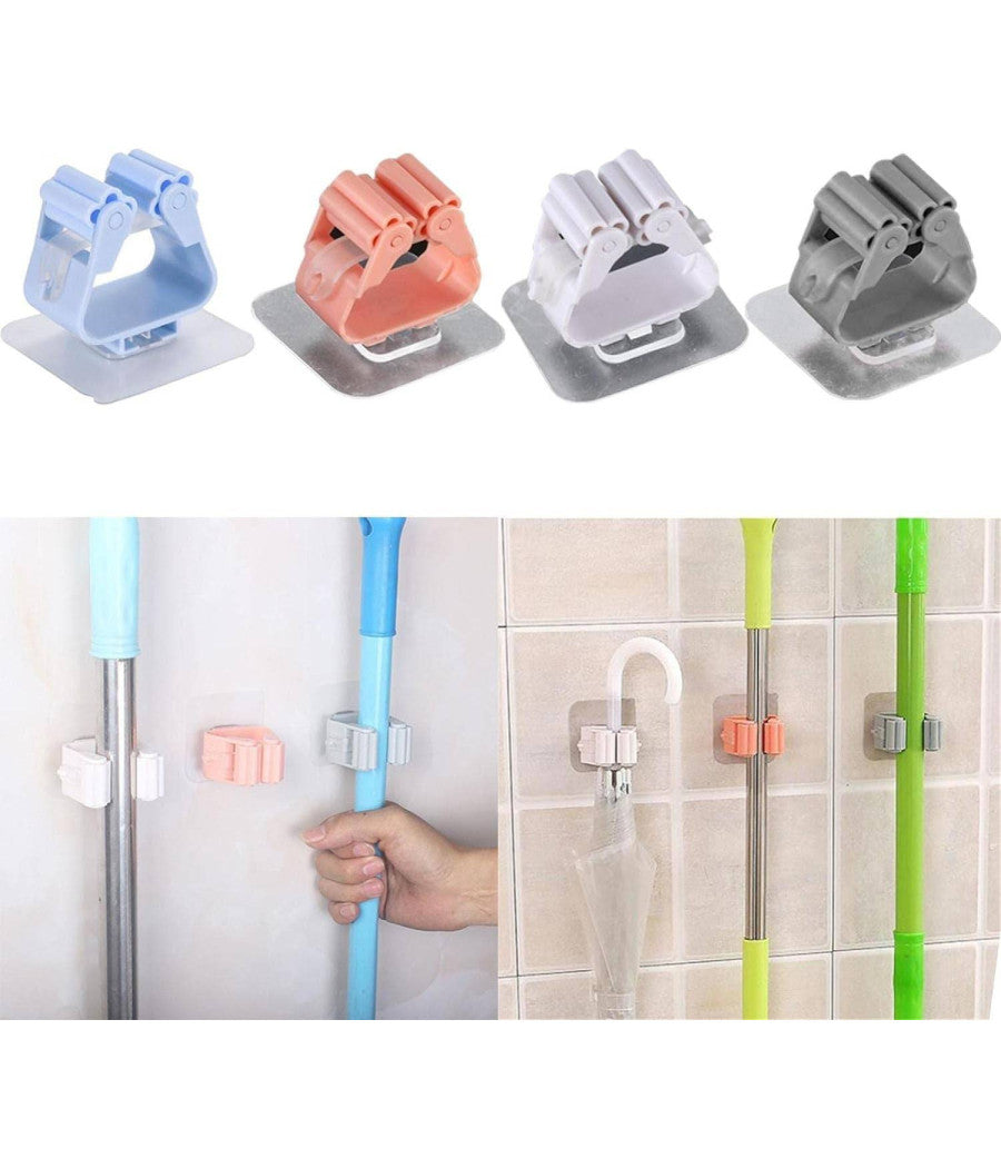 Set 2 Ganci Porta Scopa Mop Supporto Adesivo Resistente Appendino Bagno Cucina         