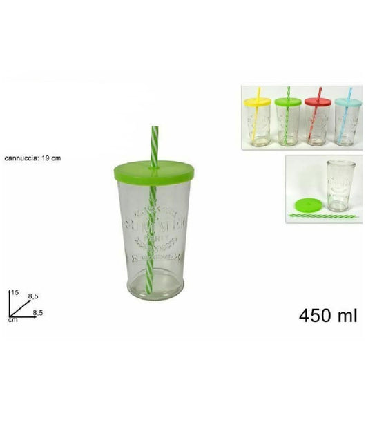 Set 2 Pezzi Bicchiere Bicchieri Di Vetro Con Coperchio Cannuccia Colorata 450 Ml         