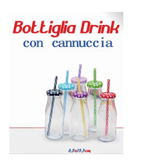 Set 2 Pezzi Bottiglia Con Tappo Colorato Fantasia Bambini Cannuccia Bibite Drink         