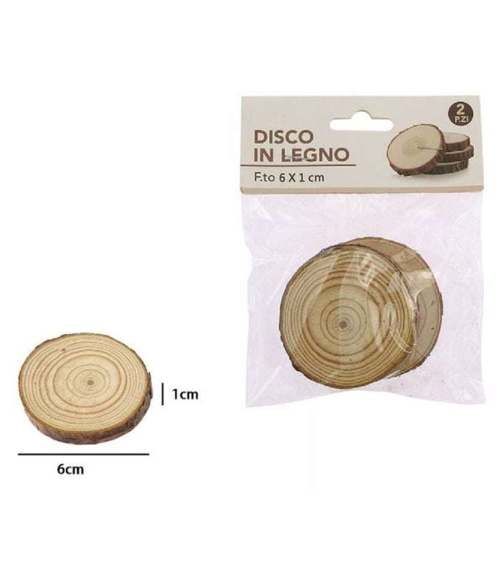 Set 2 Pezzi Dischi Disco Di Legno Decorativo Per Ornamento 6x1 Cm Rotondo 72107         
