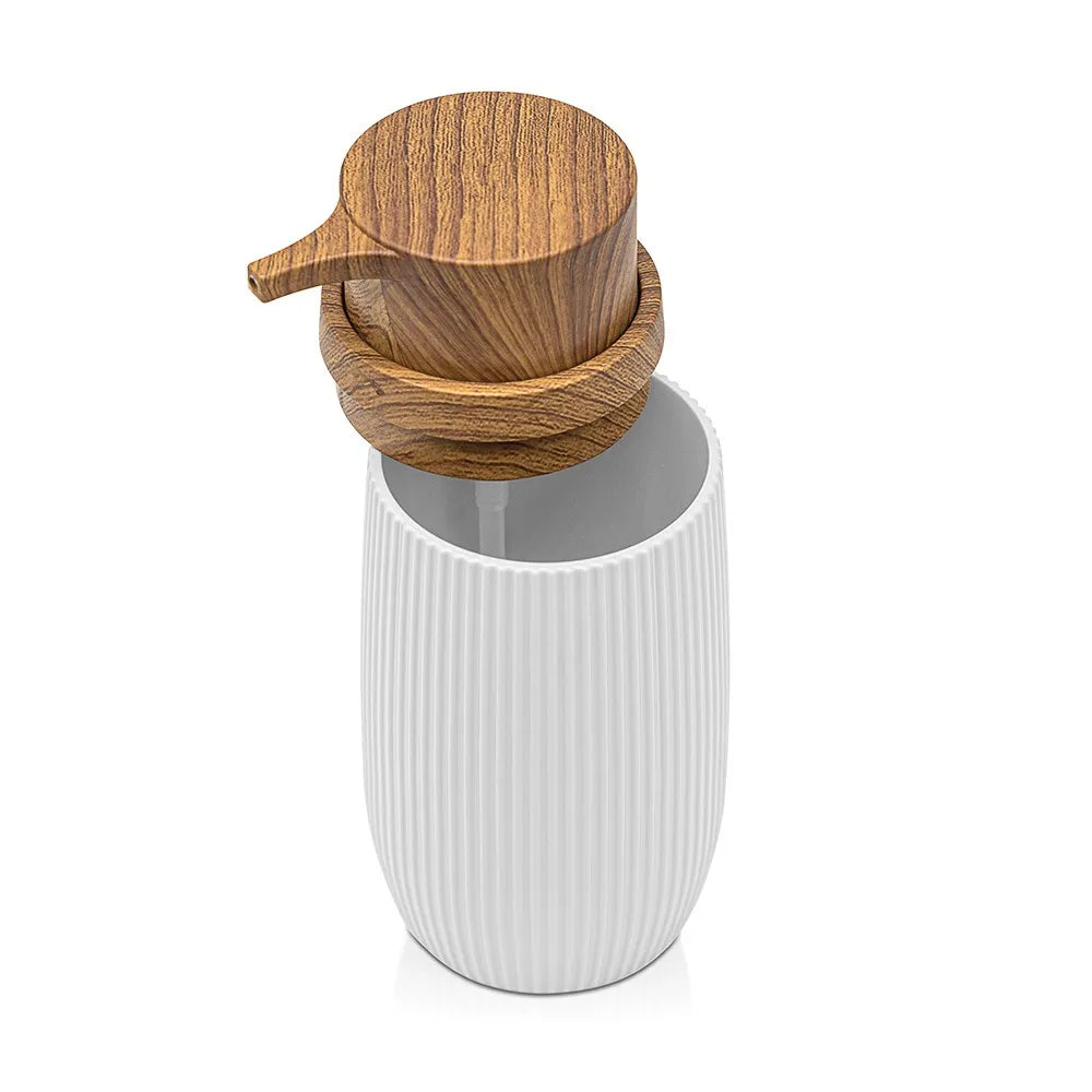 Set 2 pezzi Dispenser sapone e Porta spazzolino Bianco dettagli effetto legno Blob