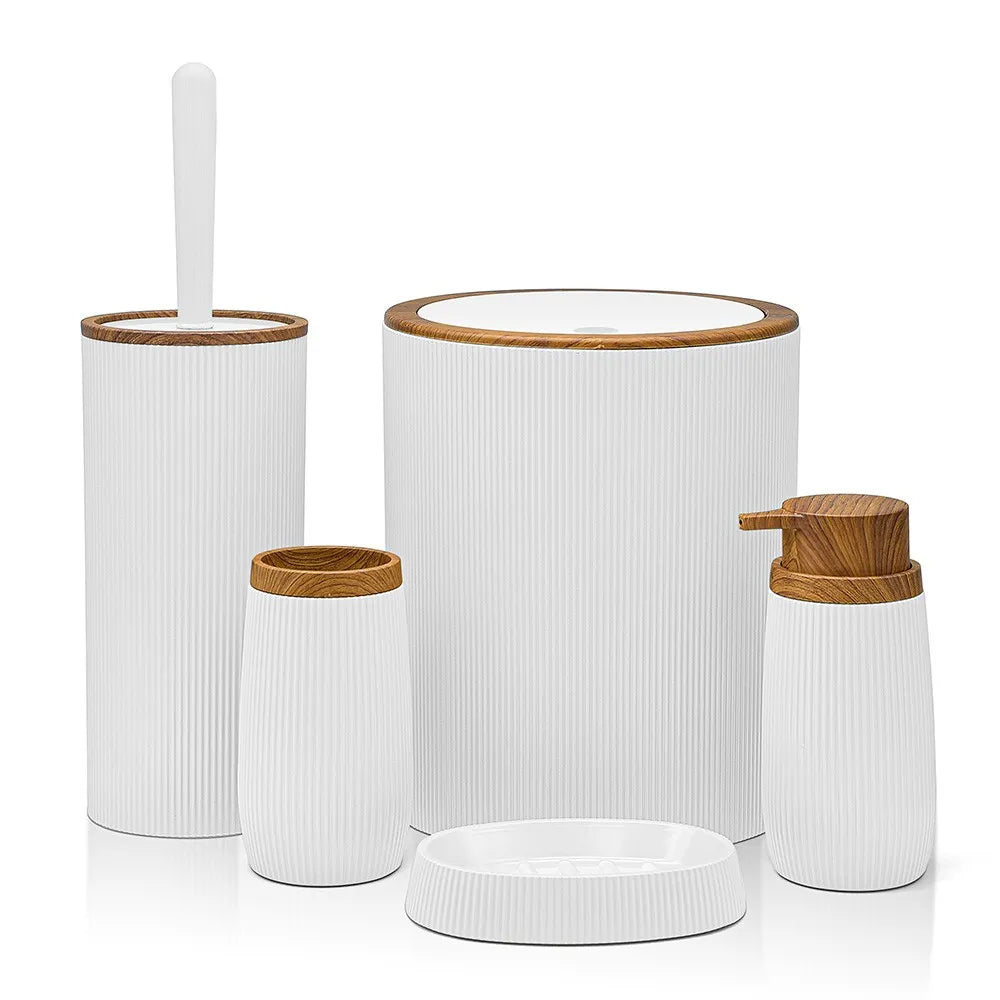 Set 2 pezzi Dispenser sapone e Porta spazzolino Bianco dettagli effetto legno Blob