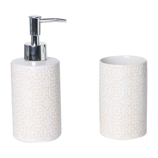 Set 2 Pezzi Maiolica In Ceramica Amica Beige 1 Dosasapone E 1 Portaspazzolino