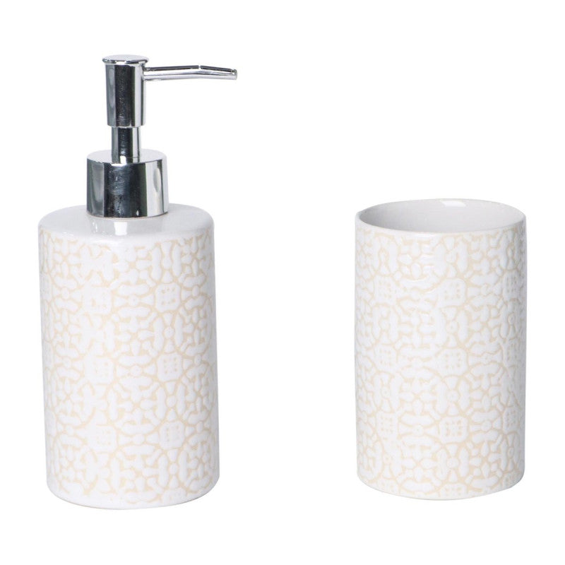 Set 2 Pezzi Maiolica In Ceramica Amica Beige 1 Dosasapone E 1 Portaspazzolino