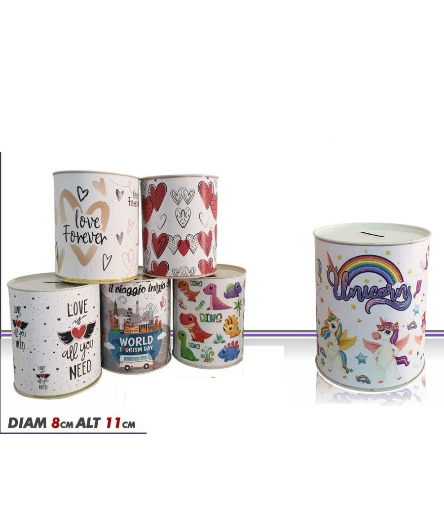 Set 2 Pezzi Salvadanaio Latta Mini Monete Banconote Apertura Disegni Misti 11 Cm         