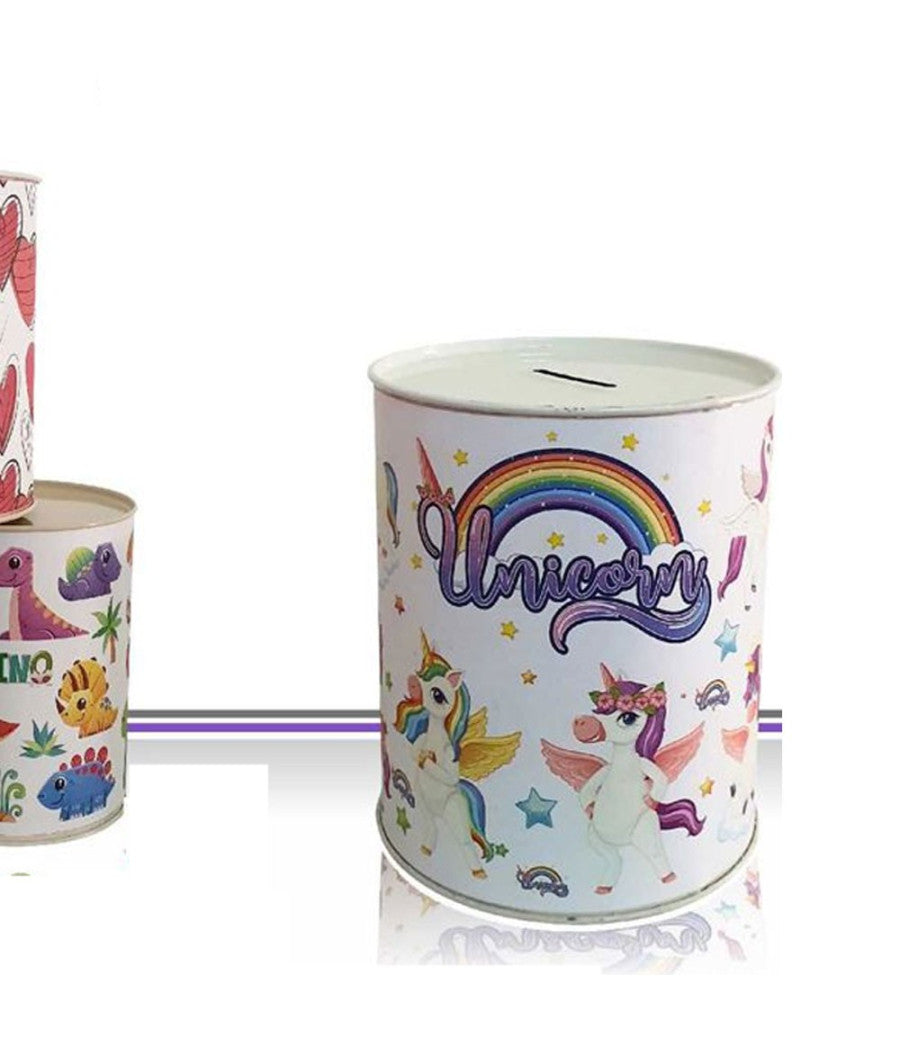 Set 2 Pezzi Salvadanaio Latta Mini Monete Banconote Apertura Disegni Misti 11 Cm         