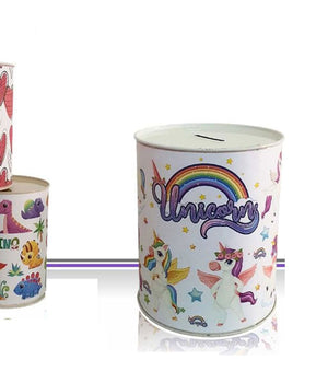 Set 2 Pezzi Salvadanaio Latta Mini Monete Banconote Apertura Disegni Misti 11 Cm         