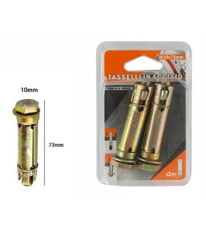 Set 2 Pezzi Tasselli Tassello Bulloni In Acciaio M10 X 73mm Accessori Minuteria         